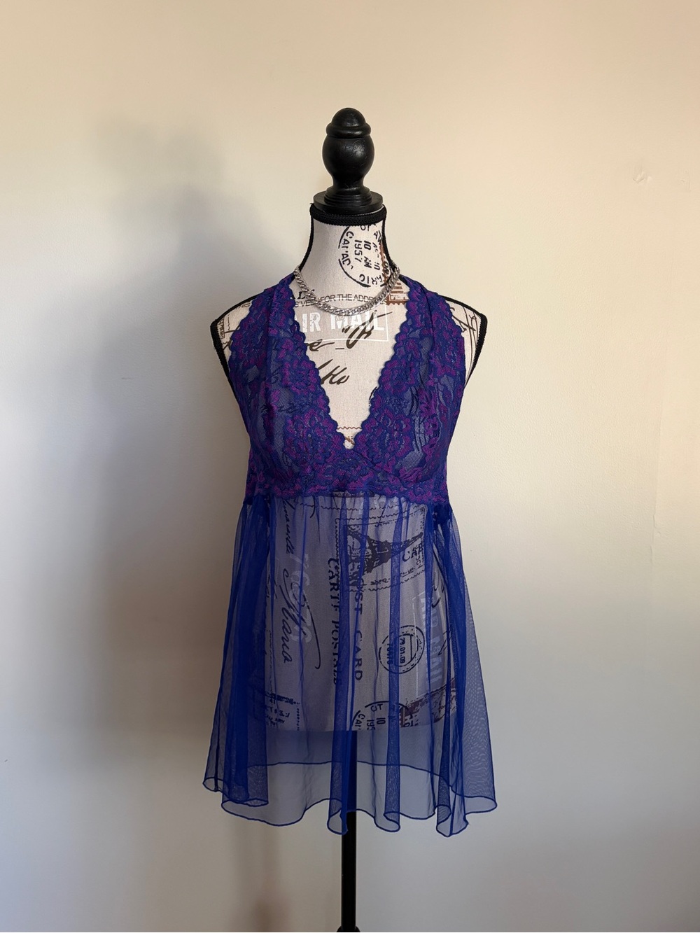 Y2K Victoria's Secret Blue Sheer Halter Chemise Slip Lingerie 2000s